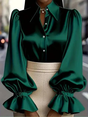 Damen elegante Seidenbluse mit Puffärmeln und schicker Knopfleiste Lisslune