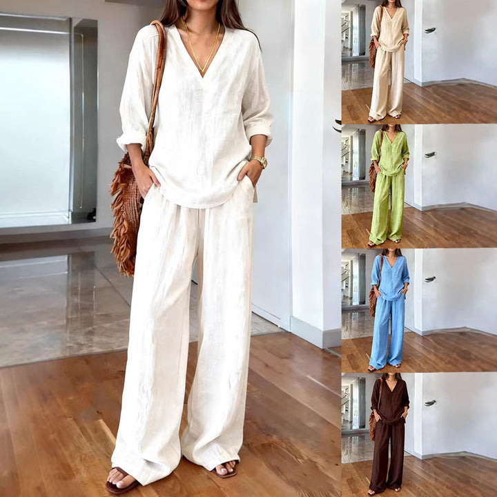 Women's Lightweight Summer Pants with Loose Fit and V-Neck Shirt Lisslune