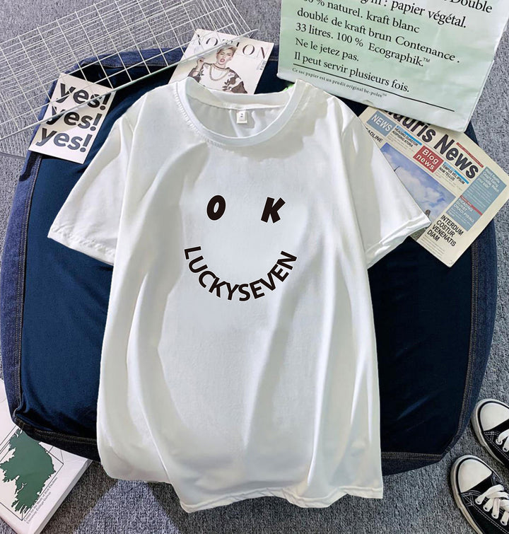Women's fashionable t-shirt with casual smiley print and high-quality cotton quality Lisslune
