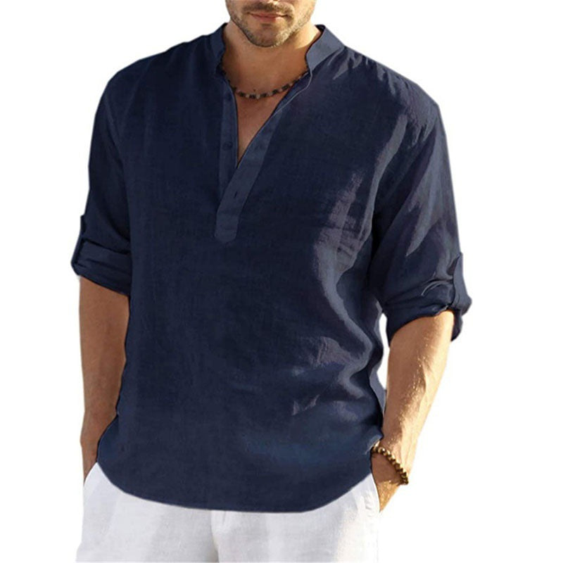 Men's linen shirt with modern stand-up collar and practical button details Lisslune