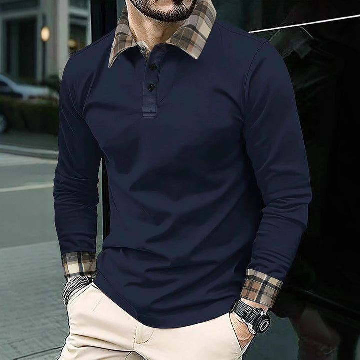 Men's Long Sleeve Polo Shirt with Fashionable Check Collar Lisslune