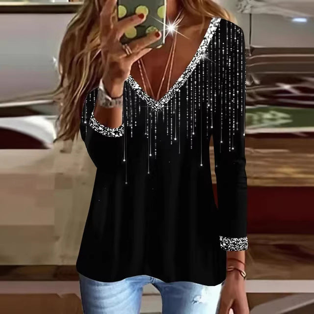 Ladies Glittering V-Neck Sweater with Elegant Rhinestone Details Lisslune