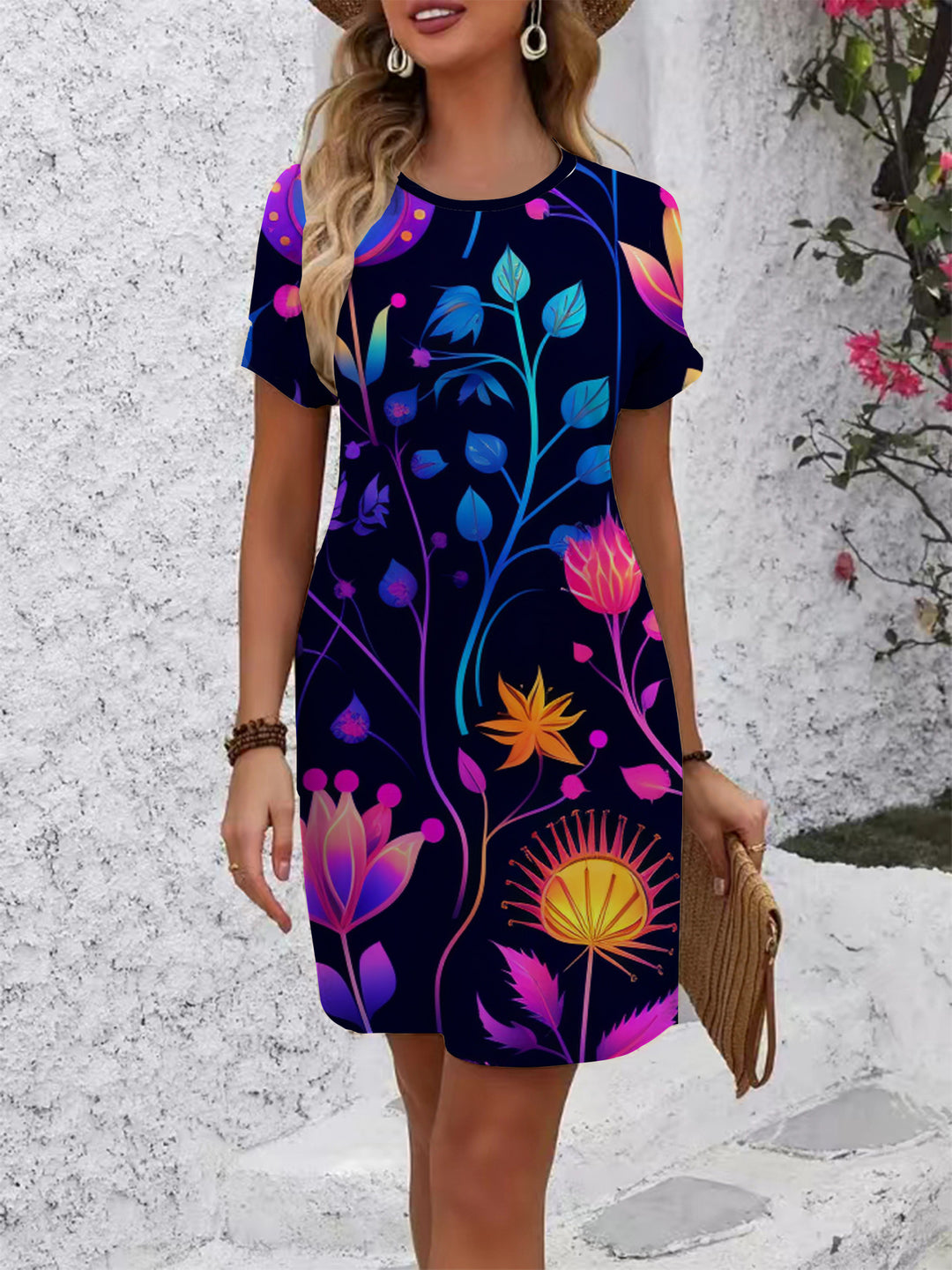 Women's casual T-shirt dress with colorful floral pattern and comfortable fit Lisslune