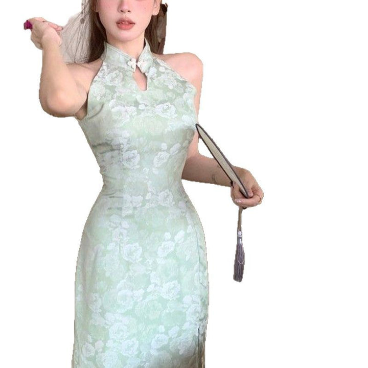 Ladies Elegant Evening Dress with Chic High Collar and Floral Pattern