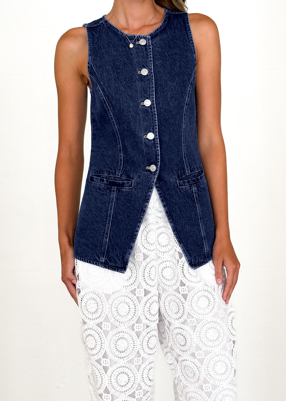Women's jeans vest in a modern cut and practical pockets