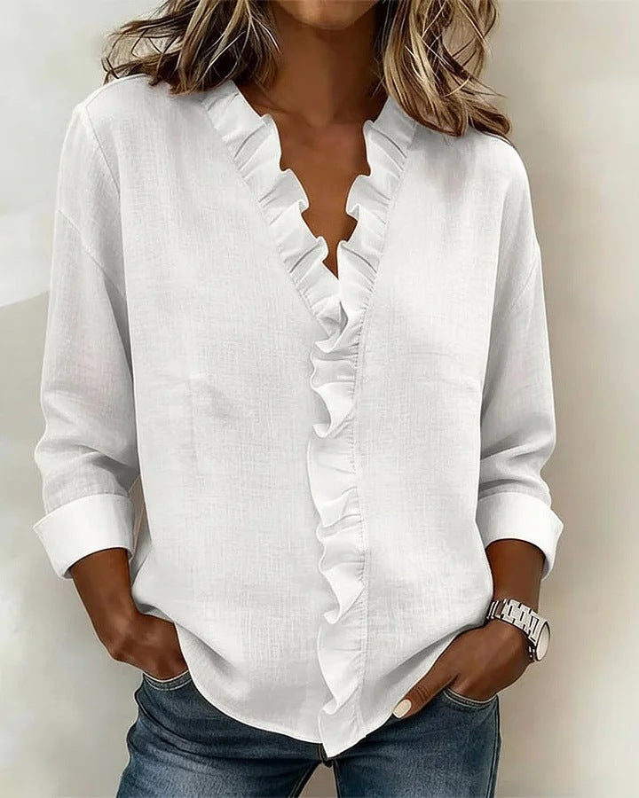 Women romantic blouse with ruffle details and V-neck Lisslune