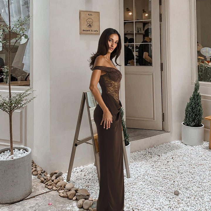 Ladies evening dress with off-shoulder lace top and flowing skirt Lisslune
