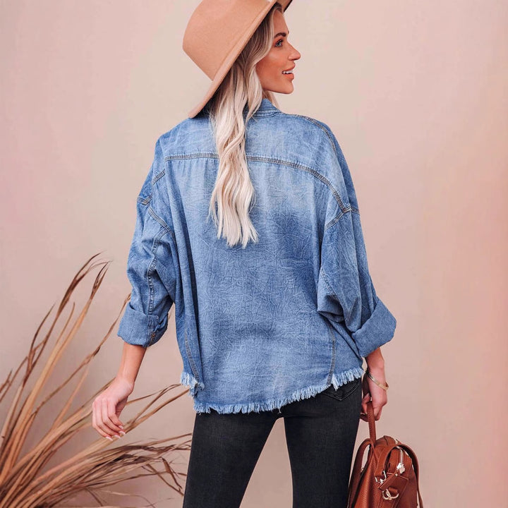 Women's Casual Denim Shirt Jacket with Fringed Cuffs and Practical Pockets Lisslune