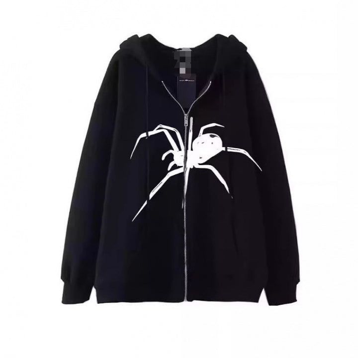 Women's hooded jacket with creative spider motif and practical zipper Lisslune