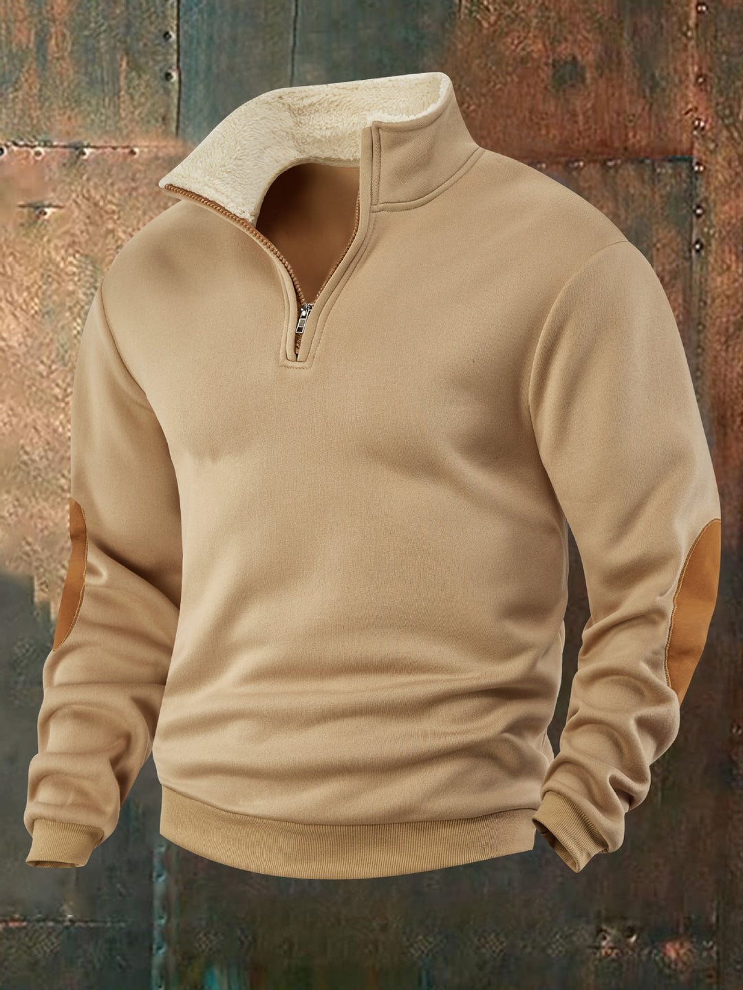 Men's fleece pullover with high collar and fashionable leather appliqués Lisslune