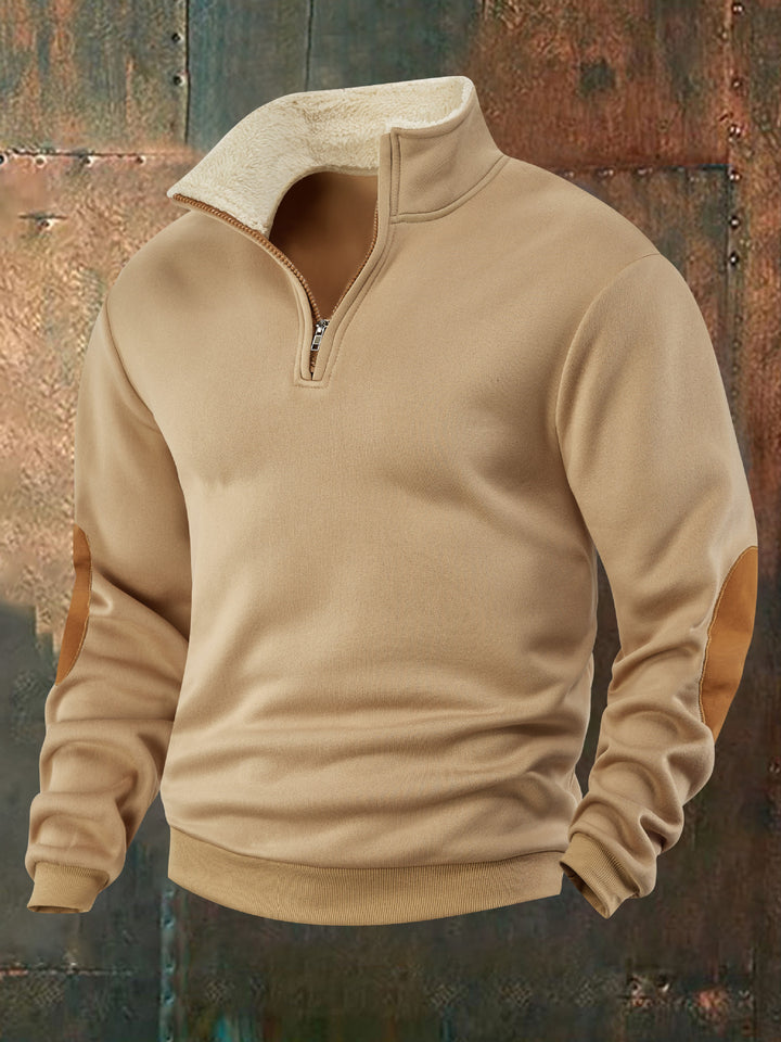 Men's fleece pullover with high collar and fashionable leather appliqués Lisslune