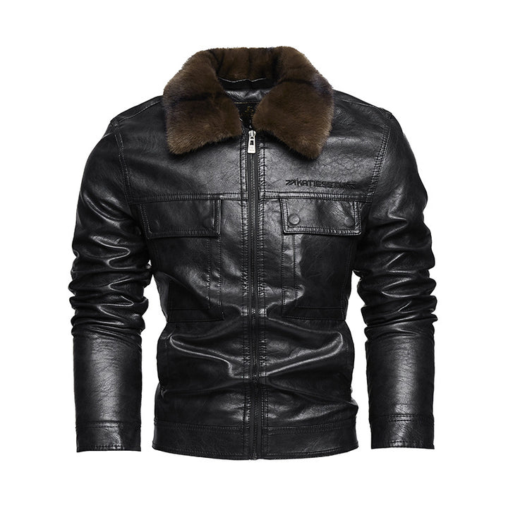 Men's Leather Jacket with Warm Collar and Practical Pockets Lisslune