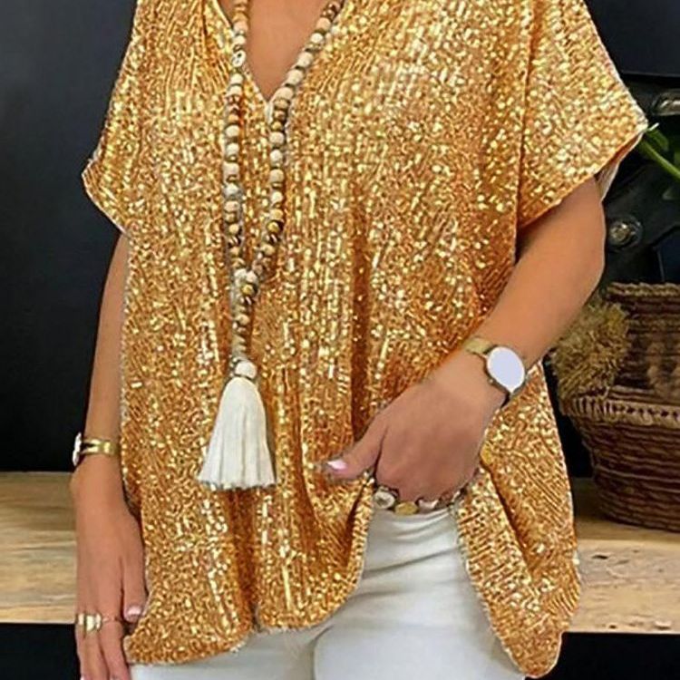 Women Sparkling Sequin Top with Casual Cut and V-Neck Lisslune