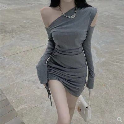 Women's Elegant Mini Dress with Asymmetrical Neckline and Figure-Hugging Gathering Effect