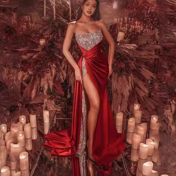 Women's Glamorous Maxi Dress with Sparkling Top and High Slit