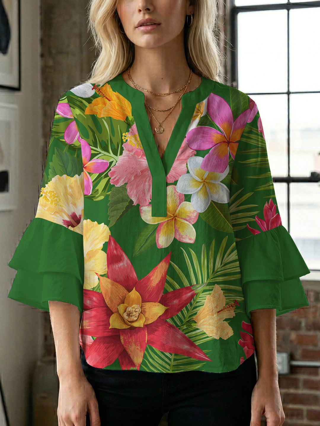 Women's blouse shirt with voluminous sleeves and floral pattern Lisslune