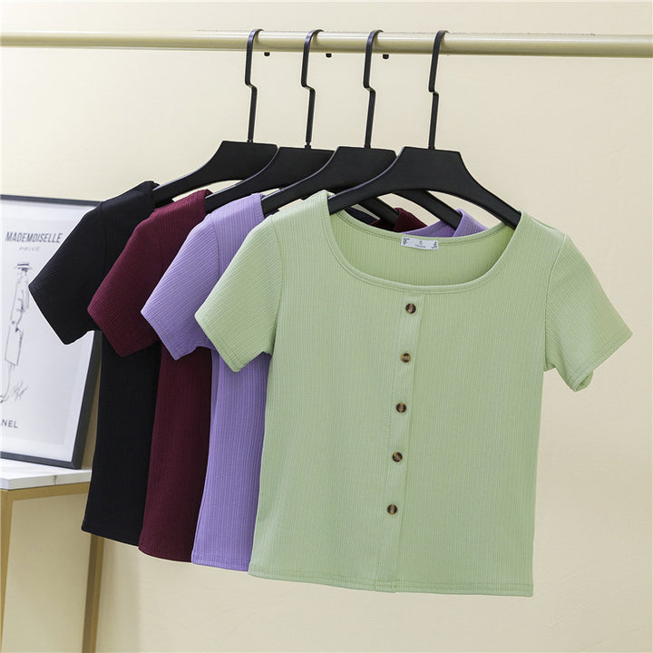 Women's short-sleeve shirt with decorative button placket and modern ribbed knit Lisslune