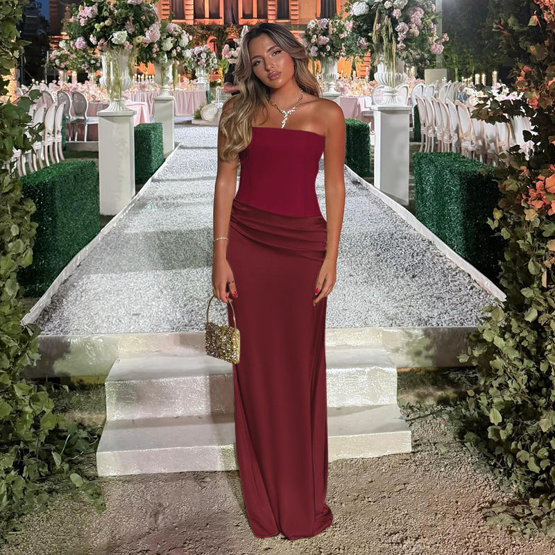 Women Strapless Maxi Dress with Flowing Cut and Gatherings Lune London