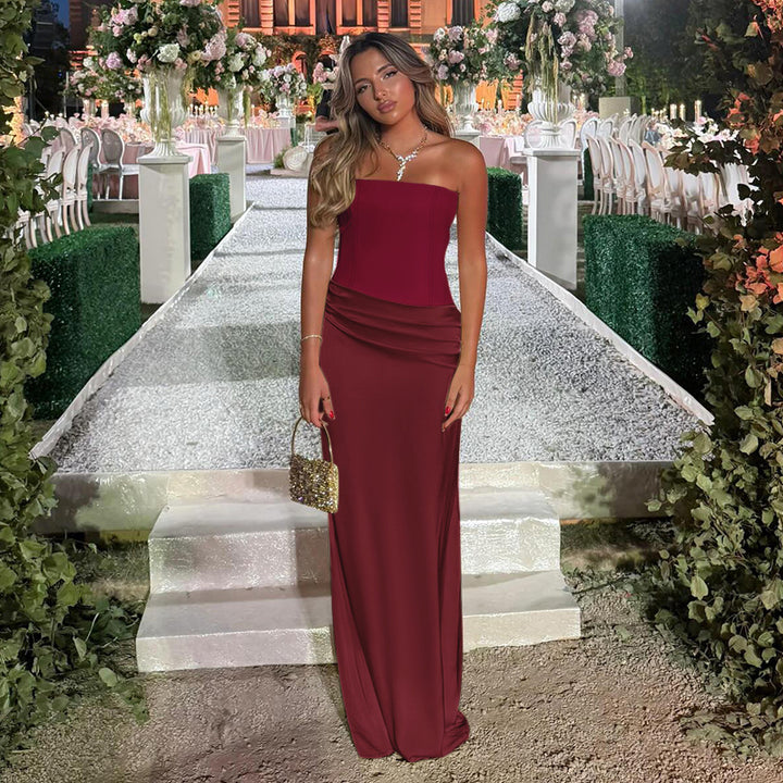 Women Strapless Maxi Dress with Flowing Cut and Gatherings Lune London