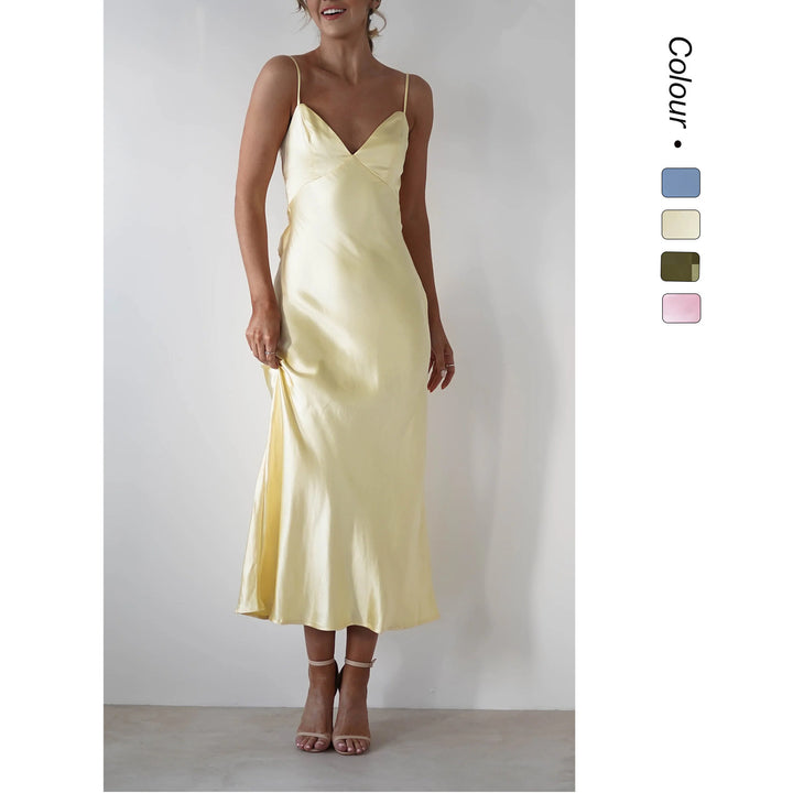 Ladies Satin Maxi Dress in elegant cut with narrow spaghetti straps Lune London