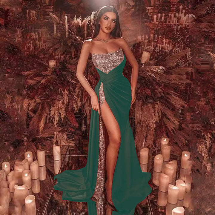 Women's Glamorous Maxi Dress with Sparkling Top and High Slit