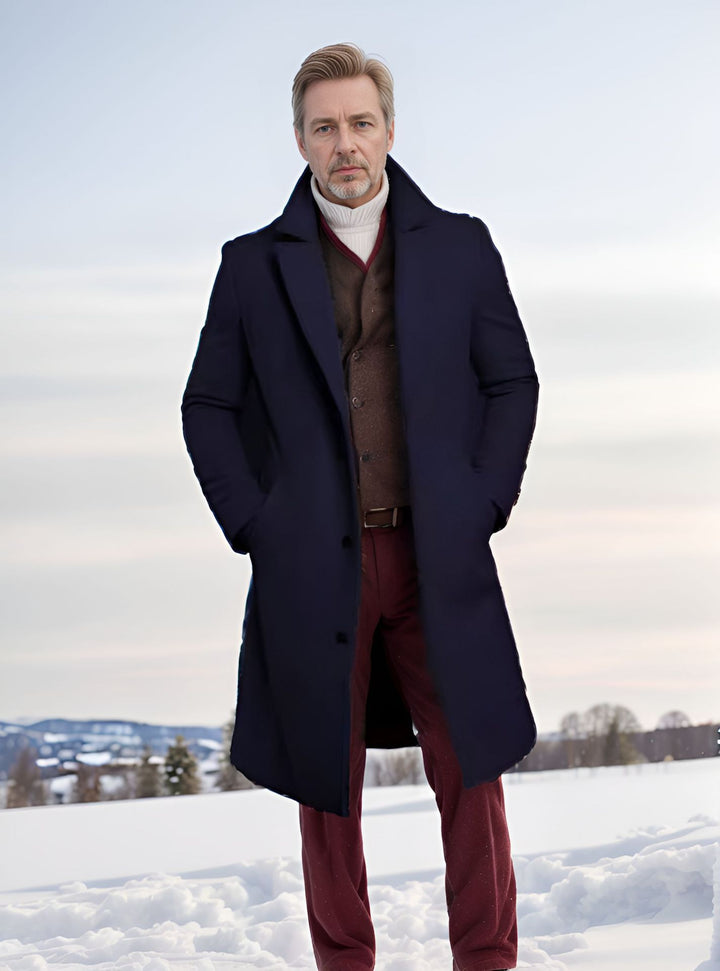 Men's elegant long coat with textured outer material and practical pockets Lisslune
