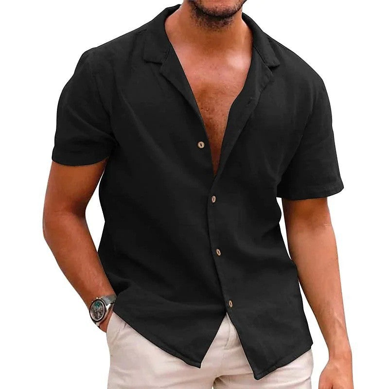 Men's short-sleeve shirt made of high-quality linen with stylish notch collar Lisslune