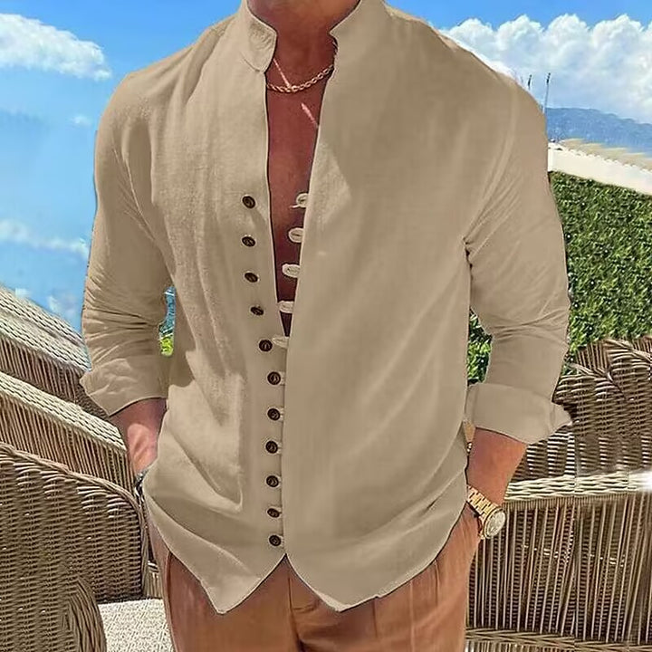Men's long-sleeve shirt with stylish button placket and casual stand-up collar Lisslune