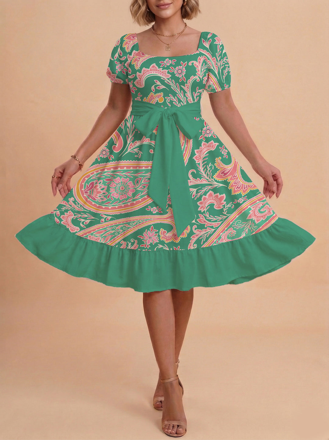 Women's elegant maxi dress with floral design and waist belt Lisslune