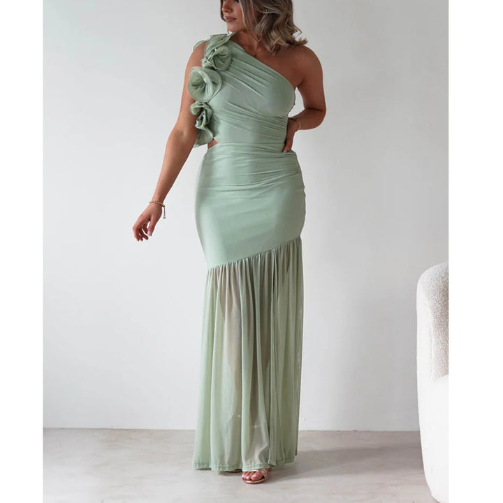 Women’s maxi dress with asymmetric cut and romantic ruffle details Lune London