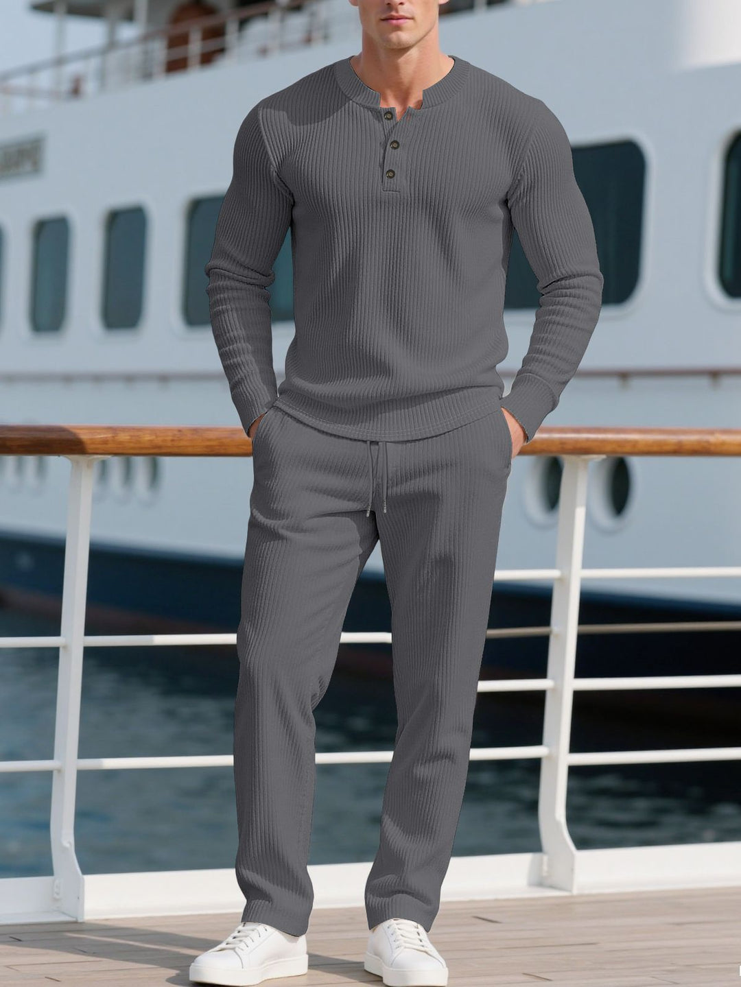 Men's Comfortable Long Sleeve Hoodie with Fashionable Button Placket and Elastic Waistband Lisslune