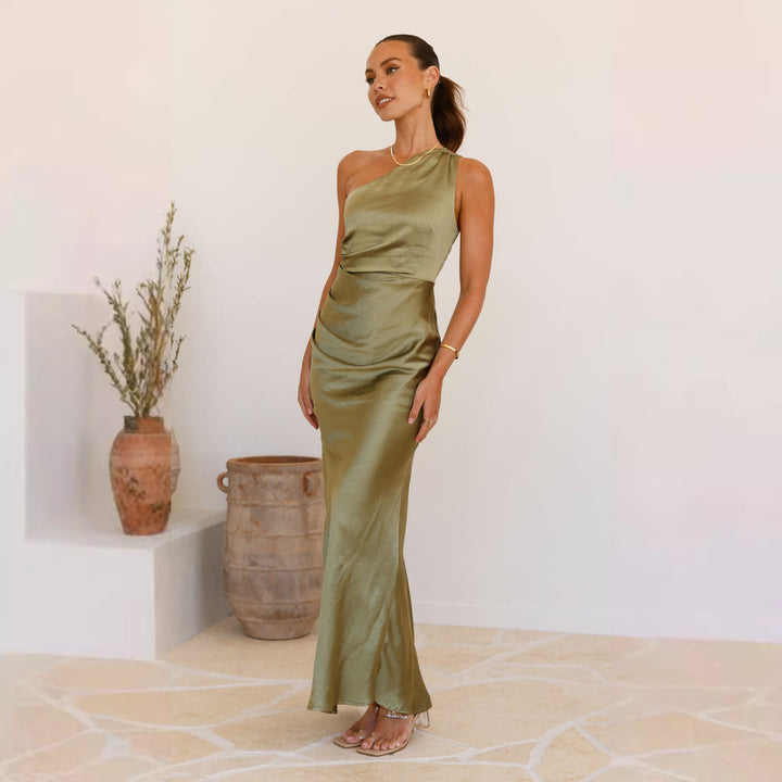 Women's Elegant Wrap Dress with Asymmetric Cut and Flowing Satin Fall