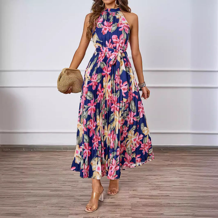 Ladies maxi dress with intricate pleating and stylish tie belt Lisslune