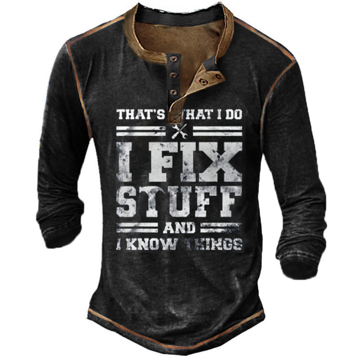 Men's Long Sleeve Henley T-Shirt with Creative Print and Stylish Button Closure Lisslune
