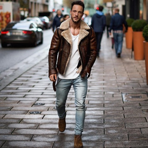 Men's leather jacket with collar-shaped teddy lining Lisslune