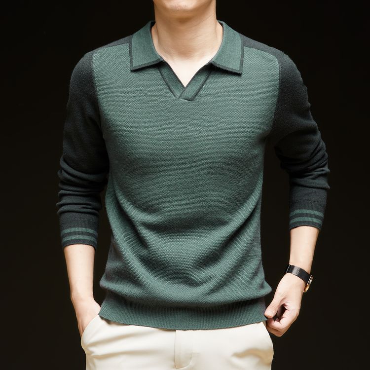 Men's fine-knit pullover with V-neck and fashionable contrast design Lisslune