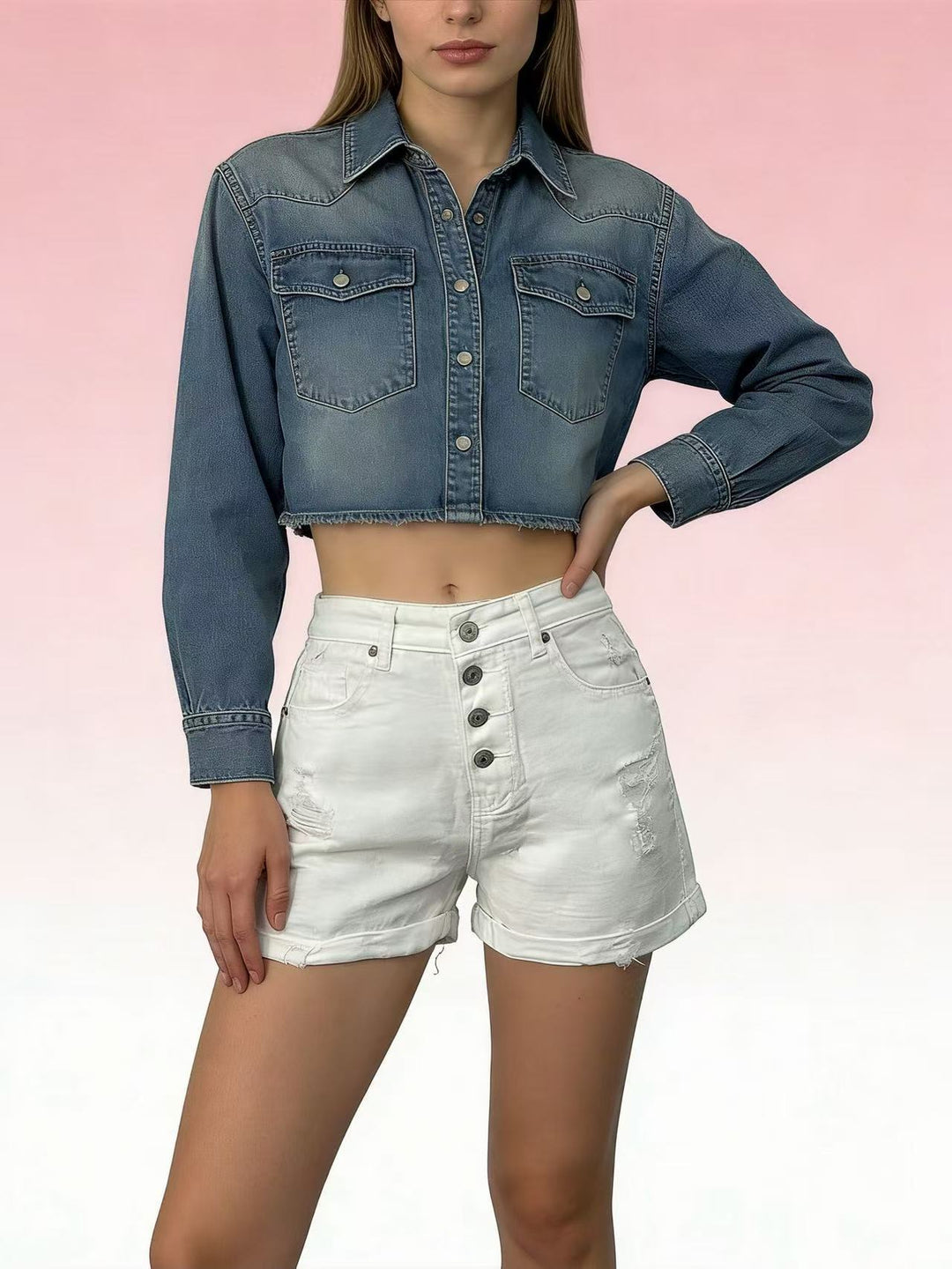 Ladies cropped denim jacket with two pockets Lisslune