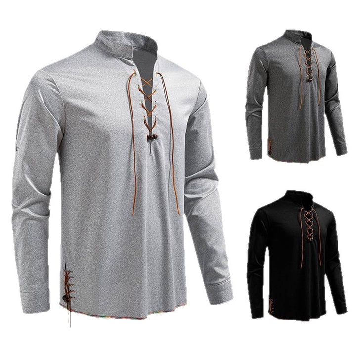 Men's Long Sleeve Shirt with Drawstring and Stand-Up Collar Lisslune