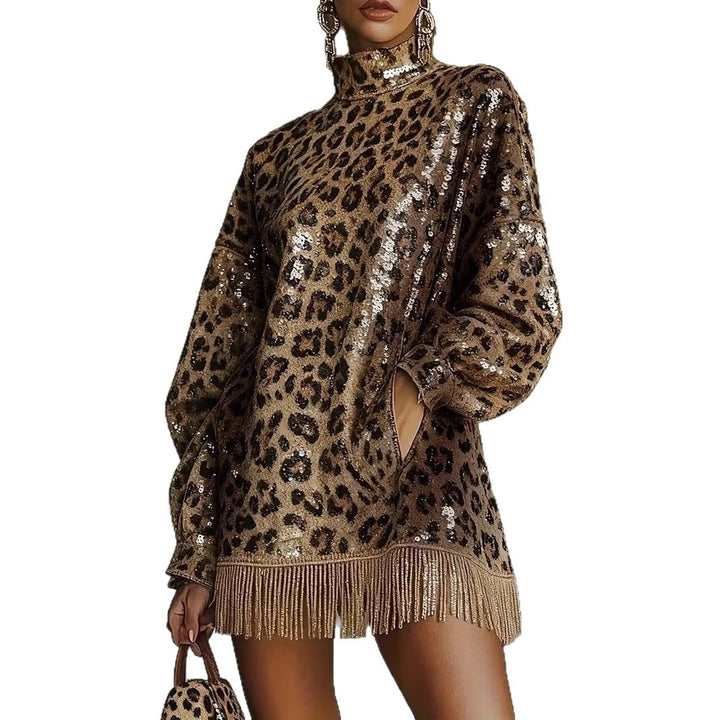 Women Glittering Short Dress with Leopard Pattern and Fringes Lisslune