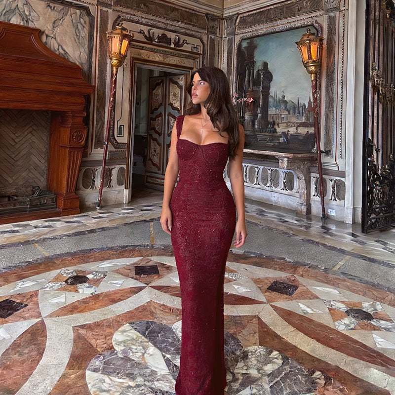 Ladies glamorous party evening dress with sparkling sequins and side slit Lune London