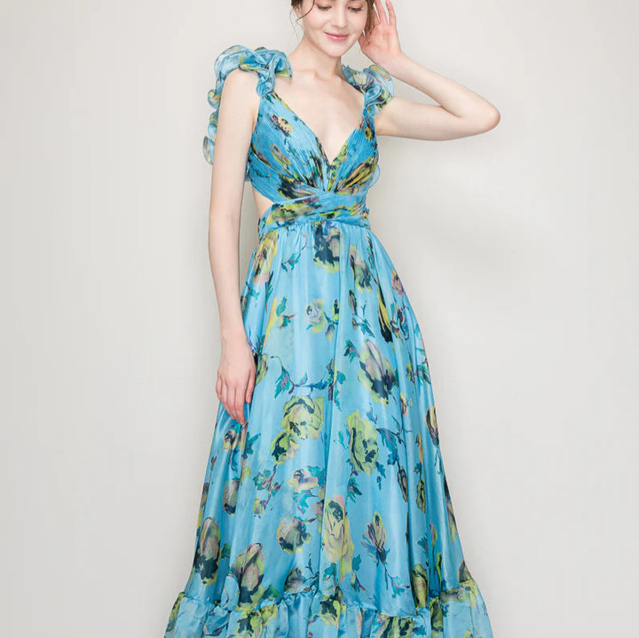 Women's maxi dress with airy ruffle details and extravagant wrap design
