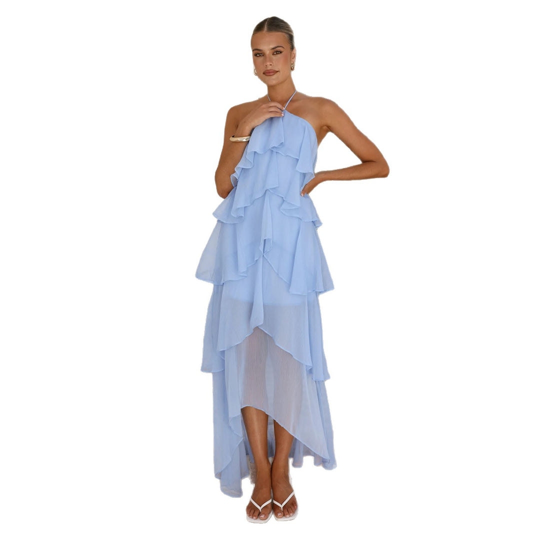 Women Ruffled Maxi Dress with Asymmetric Design and Elegant Halter Top
