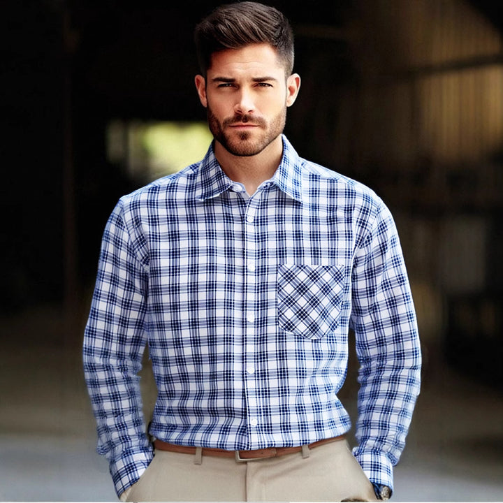 Men's fine checked long-sleeve shirt with chest pocket and classic collar Lisslune