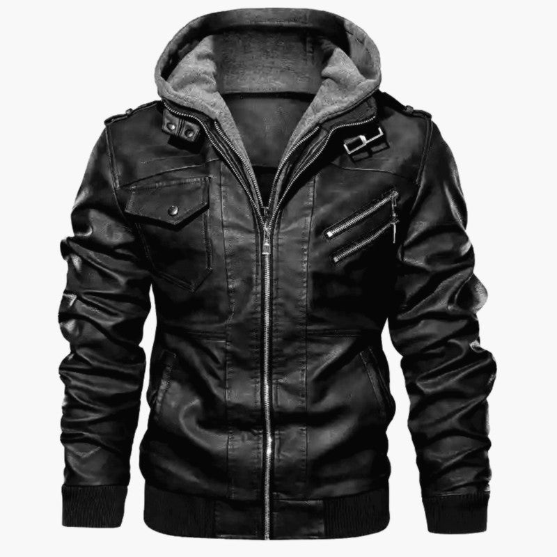 Men's synthetic leather biker jacket with detachable hood and modern zippers Lisslune