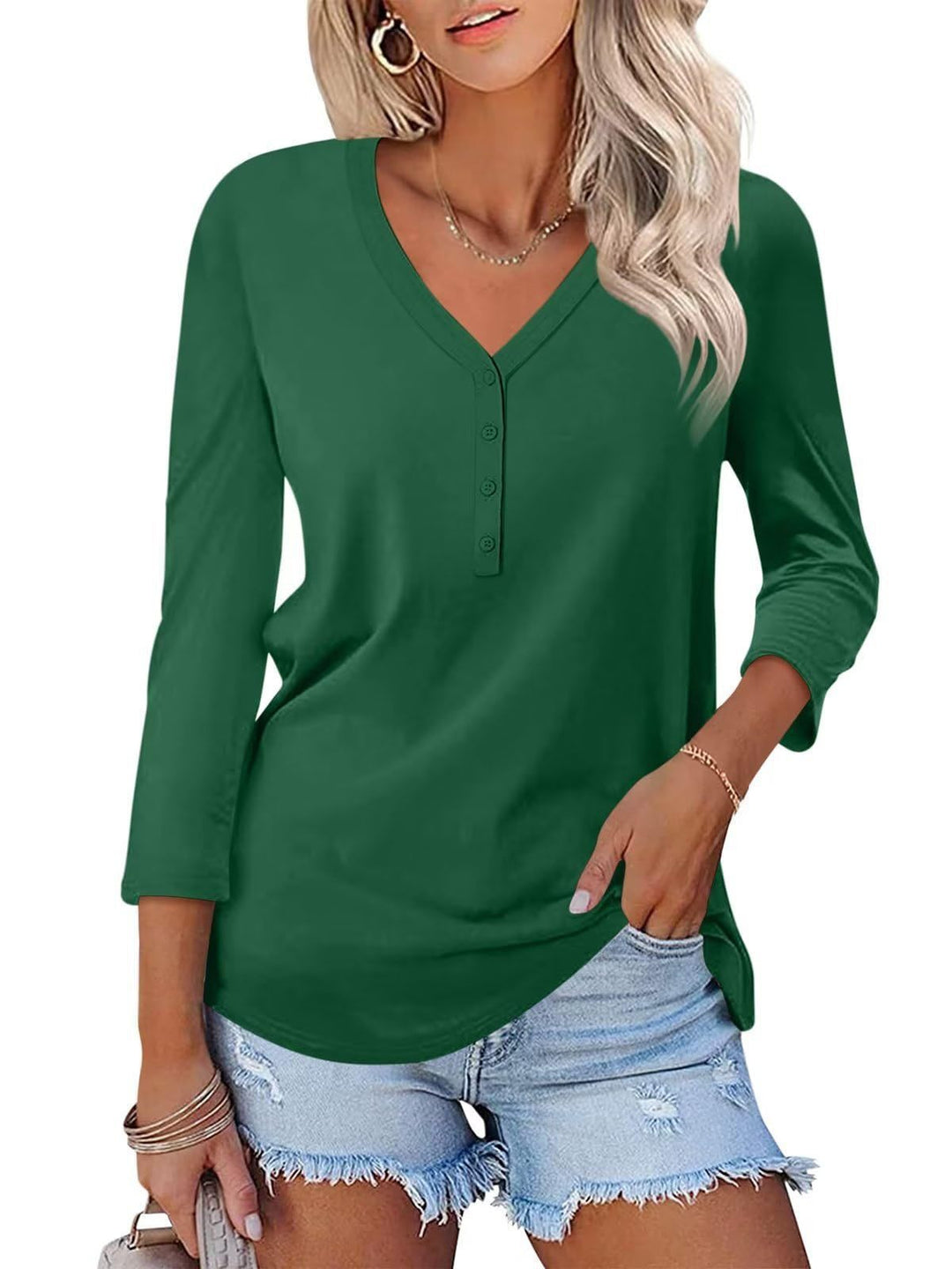 Women's Long Sleeve Shirt with Button Placket and V-Neck Lisslune