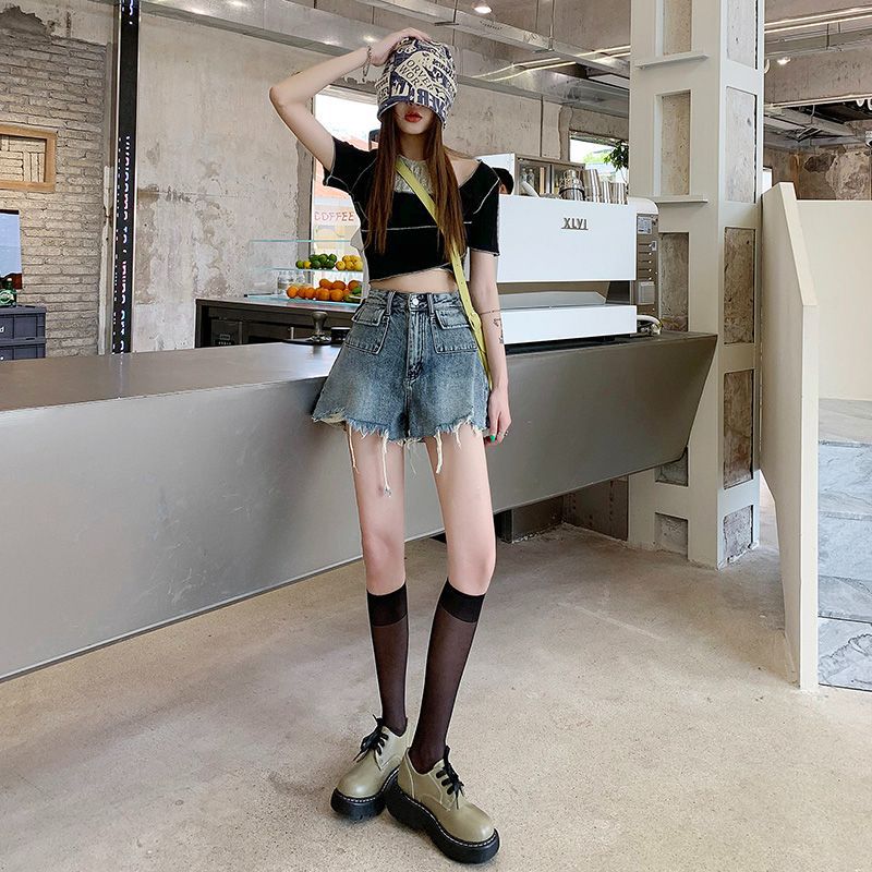 Women's denim shorts with frayed hems and unique embroidery detail Lisslune