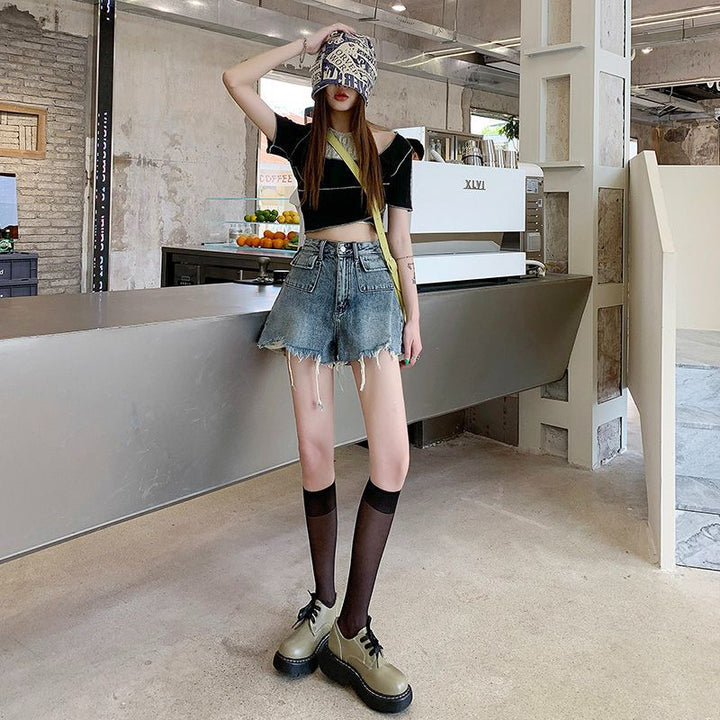 Women's denim shorts with frayed hems and unique embroidery detail Lisslune
