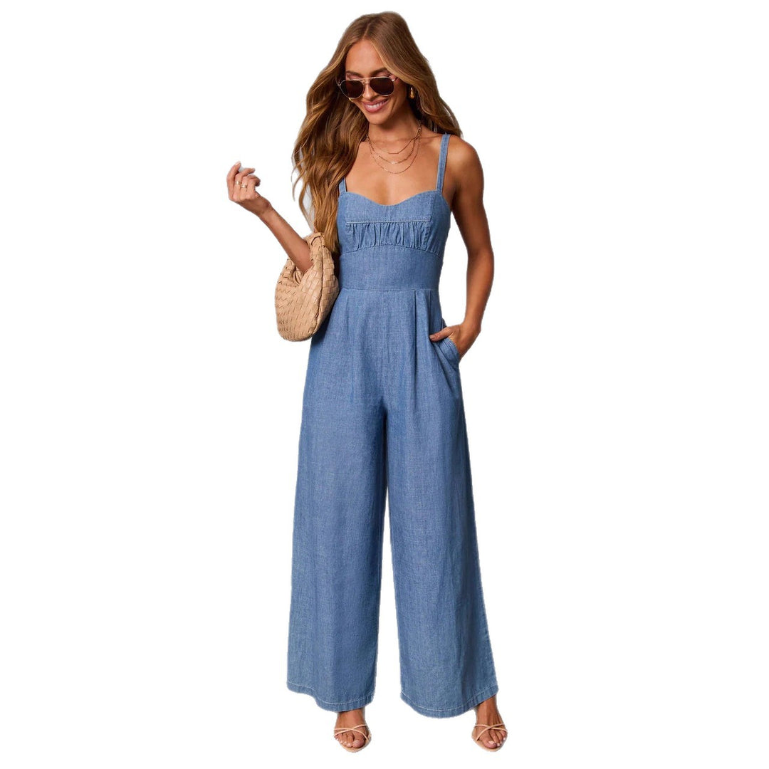 Women's casual denim jumpsuit with elegant bustier top and wide leg