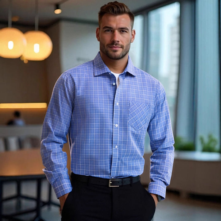 Men's modern checkered long-sleeve shirt with chest pocket Lisslune