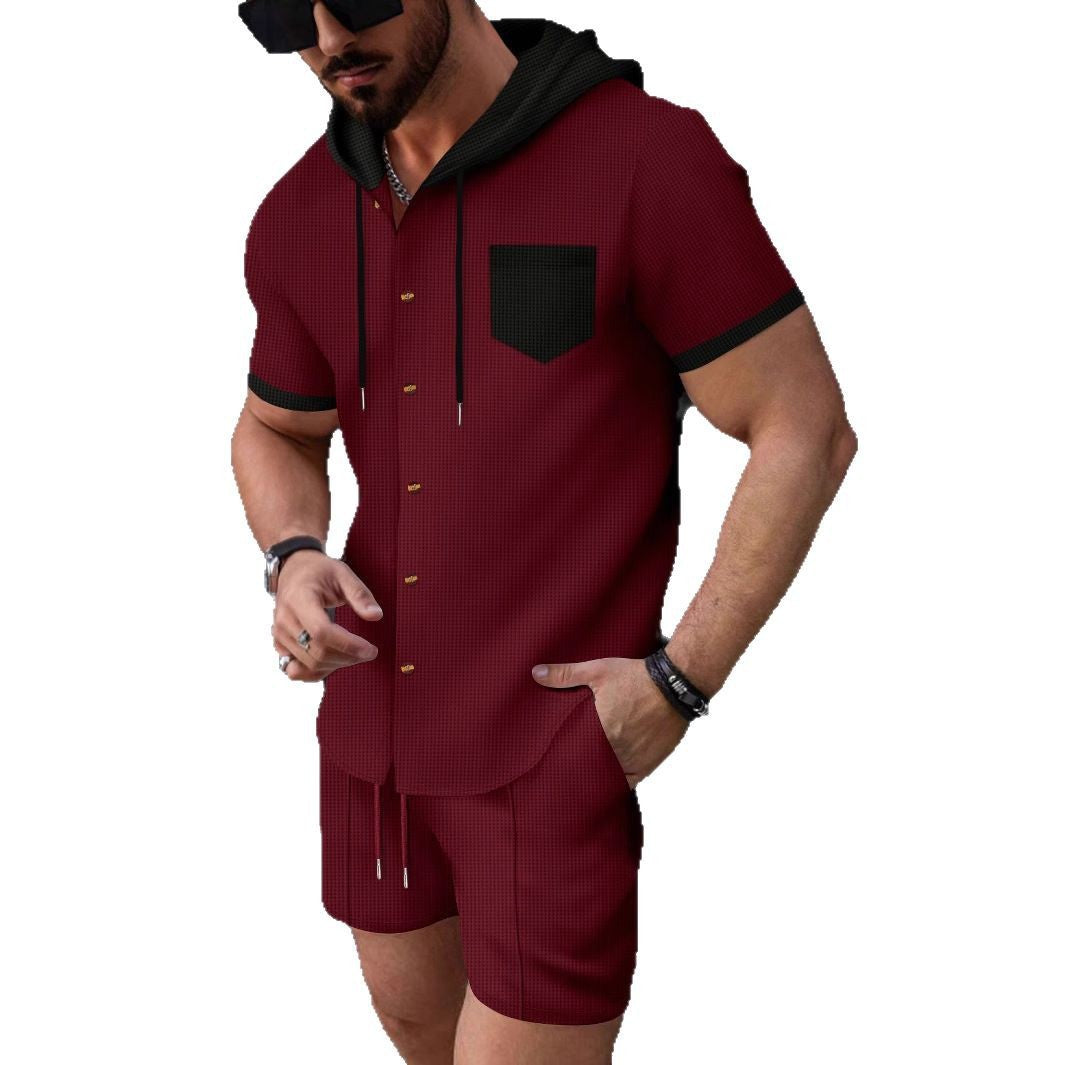 Men's fashionable short-sleeve shirt with matching shorts and practical hooded design Lisslune